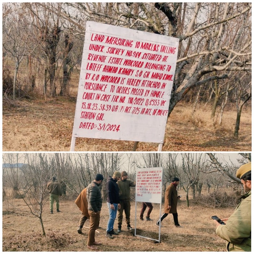 Police on Wednesday attached an orchard of an undertrial accused of being involved in terror related Act in Ganderbal district of Central Kashmir.