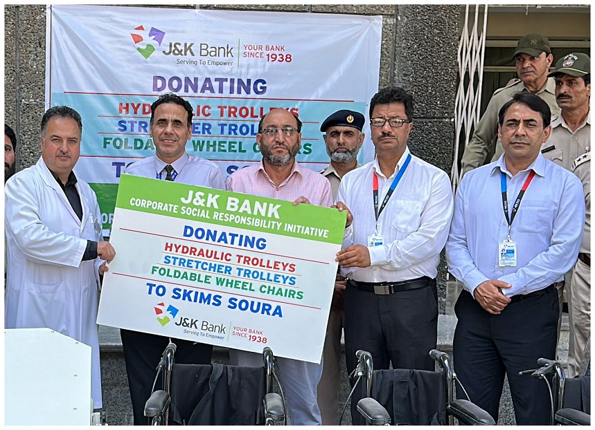 J&K Bank Donates Hydraulic Trolleys, Stretcher Trolleys And Wheelchairs To SKIMS  