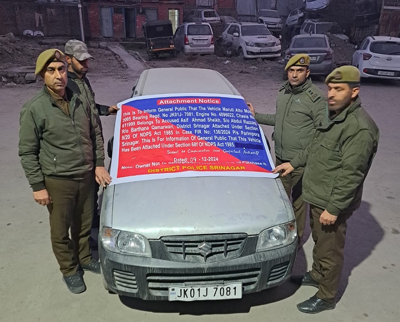 Police Seizes Vehicle Of Drug Peddlers Acquired From Narcotics Trade In Srinagar