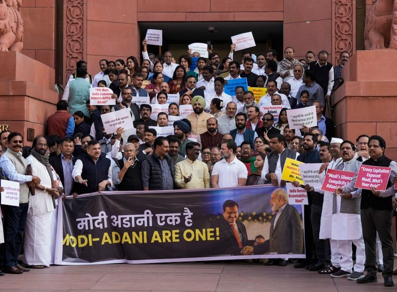 INDIA Bloc MPs Hold Protest Over Adani Issue On Parliament Premises