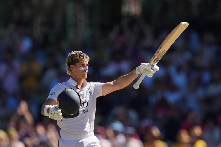 England's Jacob Bethell celebrates after scoring a century during play on day four of the fifth and final Ashes cricket test between England and Australia in Sydney, Wednesday, Jan. 7, 2026. (Photo | AP)
